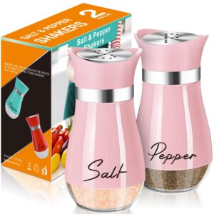 salt and pepper shakers set,4 oz glass bottom salt pepper shaker with stainless steel lid for kitchen cooking table, rv, camp,bbq refillable design (pink)