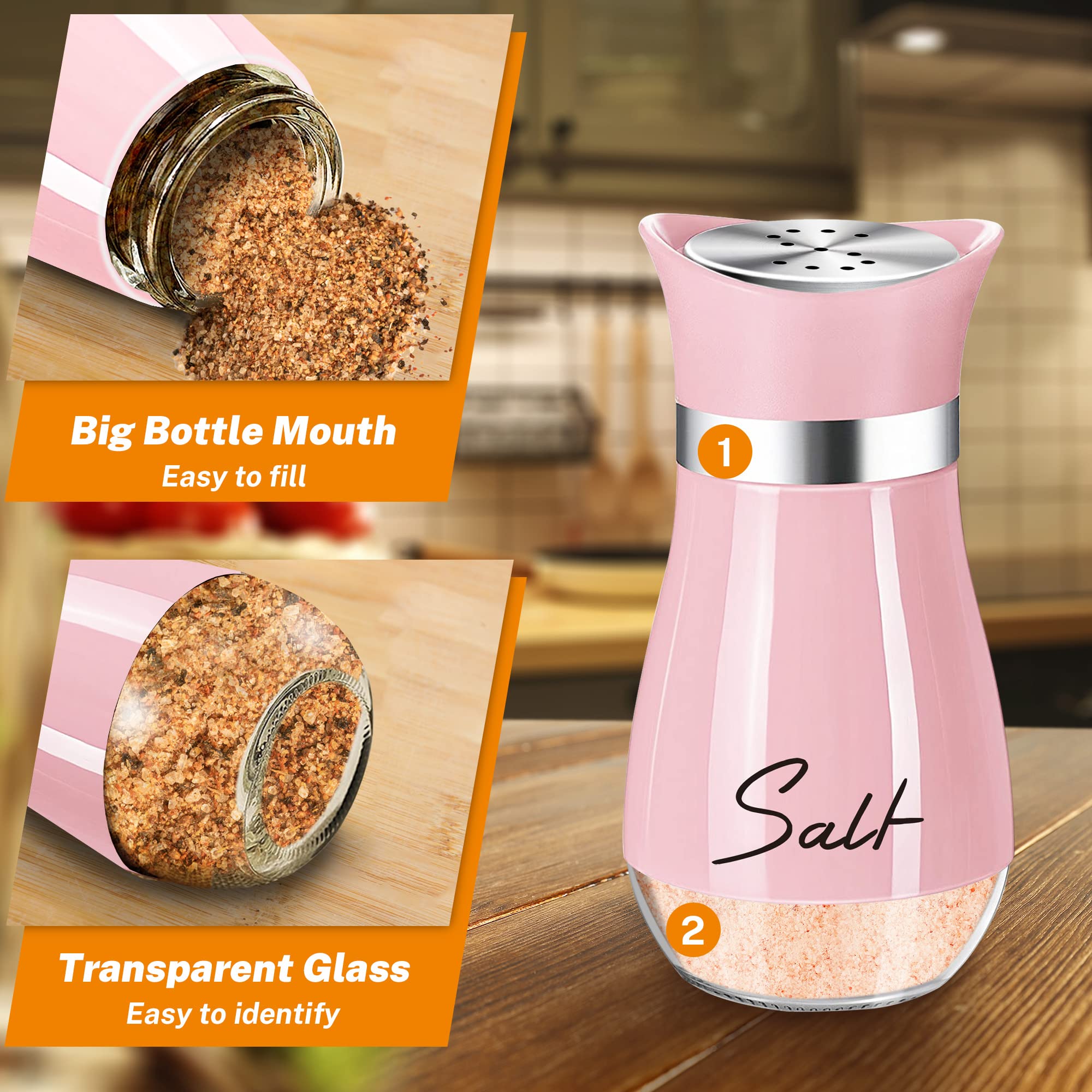 Salt and Pepper Shakers Set,4 oz Glass Bottom Salt Pepper Shaker with Stainless Steel Lid for Kitchen Cooking Table, RV, Camp,BBQ Refillable Design (Pink)