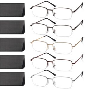 novivon 5 pack reading glasses for men, metal blue light blocking readers with spring hinges, anti eye strain eyeglasses (gunmetal*2, gold, silver, brown, 2.0)