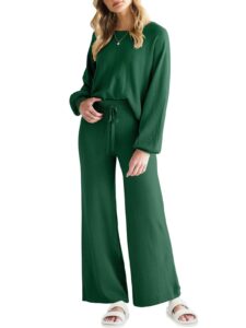 anrabess women’s two piece crop top & wide leg pants lounge sweater sets 2024 fall knit sweatsuits cozy trendy outfits deep green medium