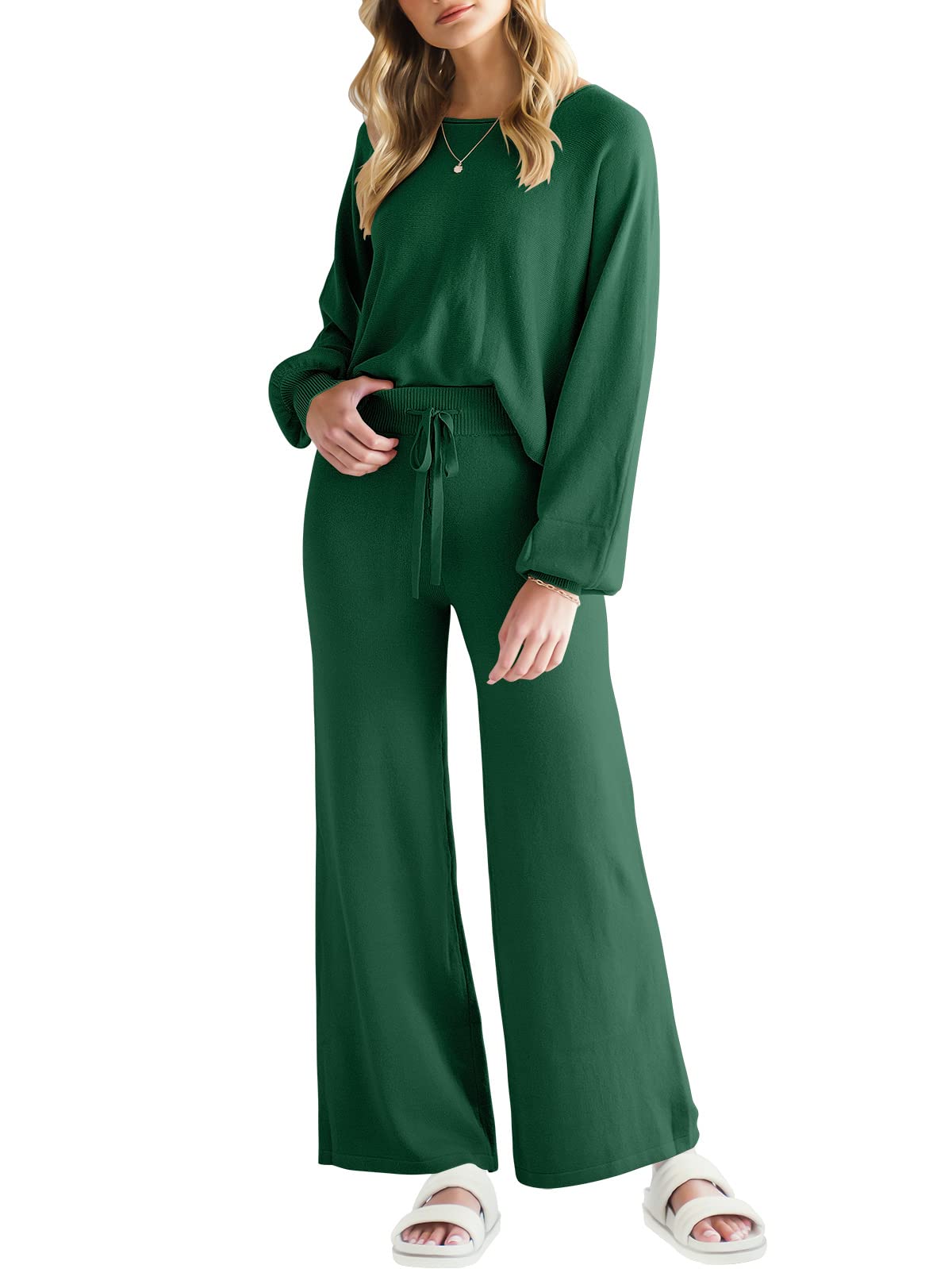 ANRABESS Women’s Two Piece Crop Top & Wide Leg Pants Lounge Sweater Sets 2024 Fall Knit Sweatsuits Cozy Trendy Outfits Deep Green Medium