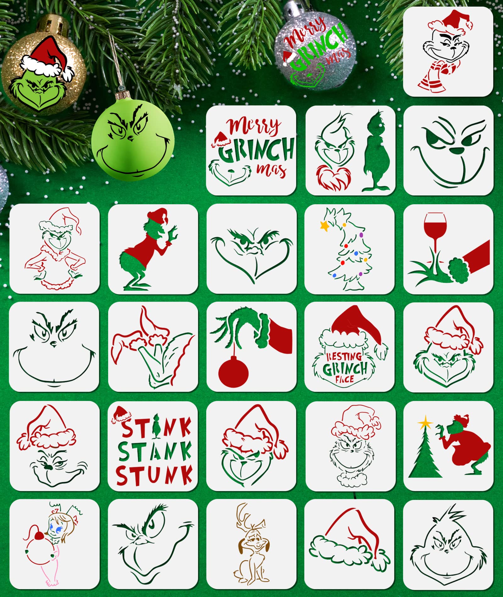 GYGOT 24PCS Small Christmas Stencils for Painting,3x3Inch Reusable Christmas Stencils for Making Christmas Ornaments/Wood Slice/Holiday Cards