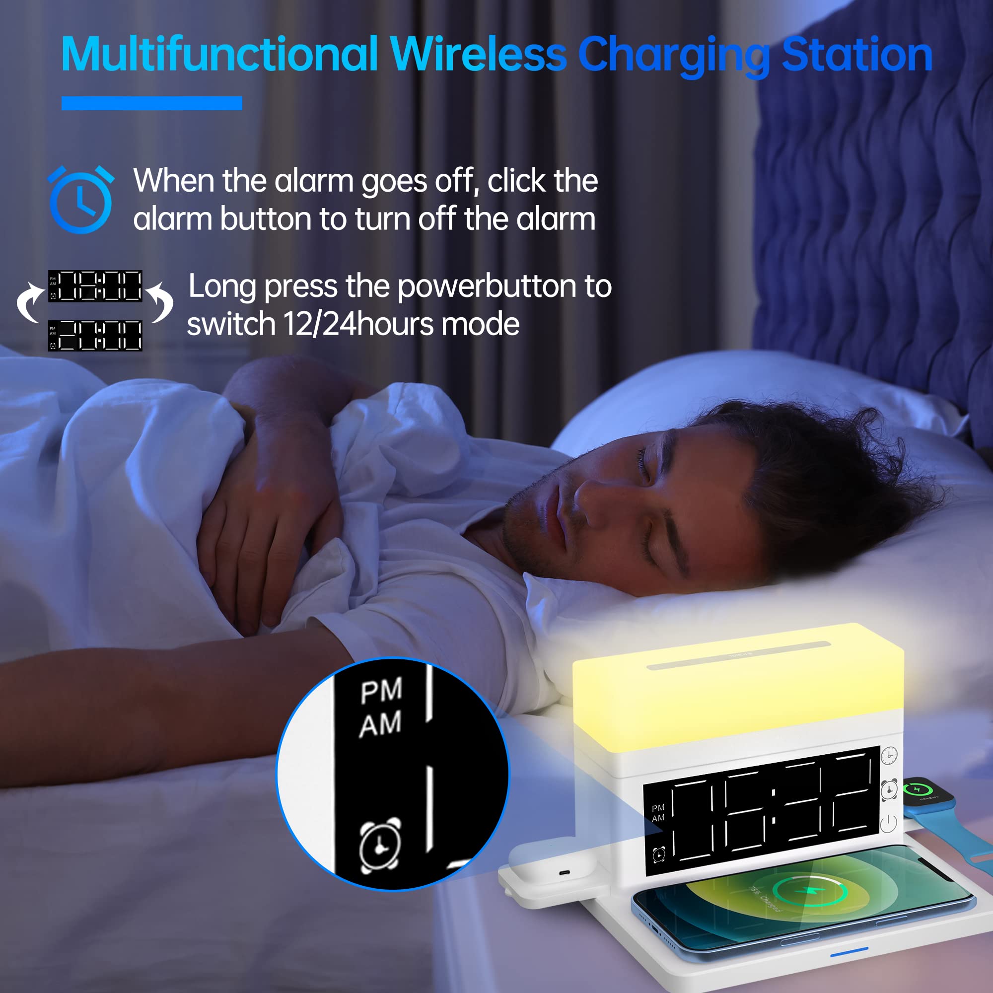 SMSASOEO Wireless Charger,6 in 1 Wireless Charging Station with Digital Alarm Clock & Night Light,15W Fast Charger Compatible with iPhone 14/13/12/11/XS Samsung Galaxy AirPods & Apple Watch