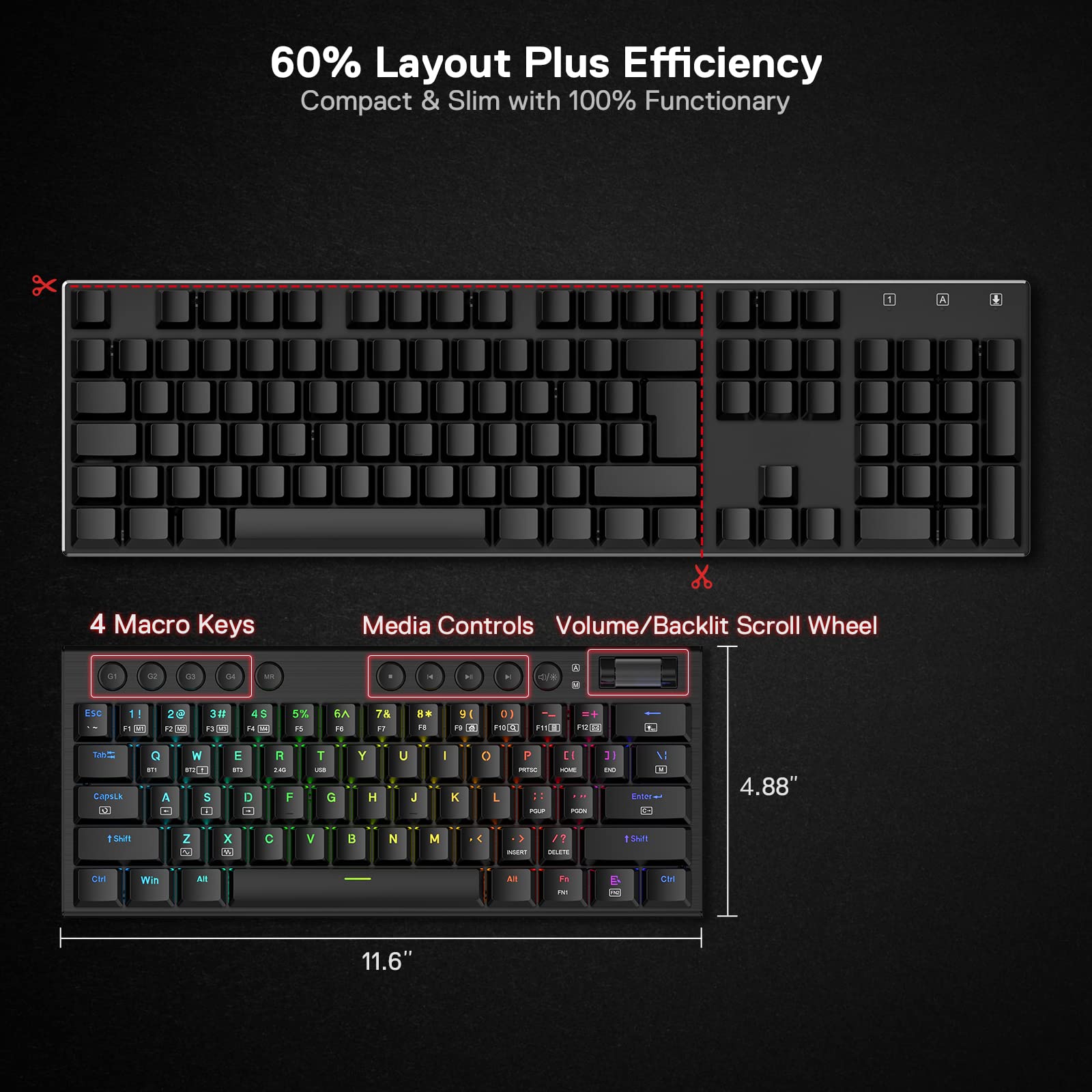 Redragon K632 PRO 60% Wireless RGB Mechanical Keyboard, BT/2.4Ghz/Wired Tri-Mode Ultra-Thin Low Profile Gaming Keyboard w/No-Lag Connection, Dedicated Media Control & Linear Red Switch