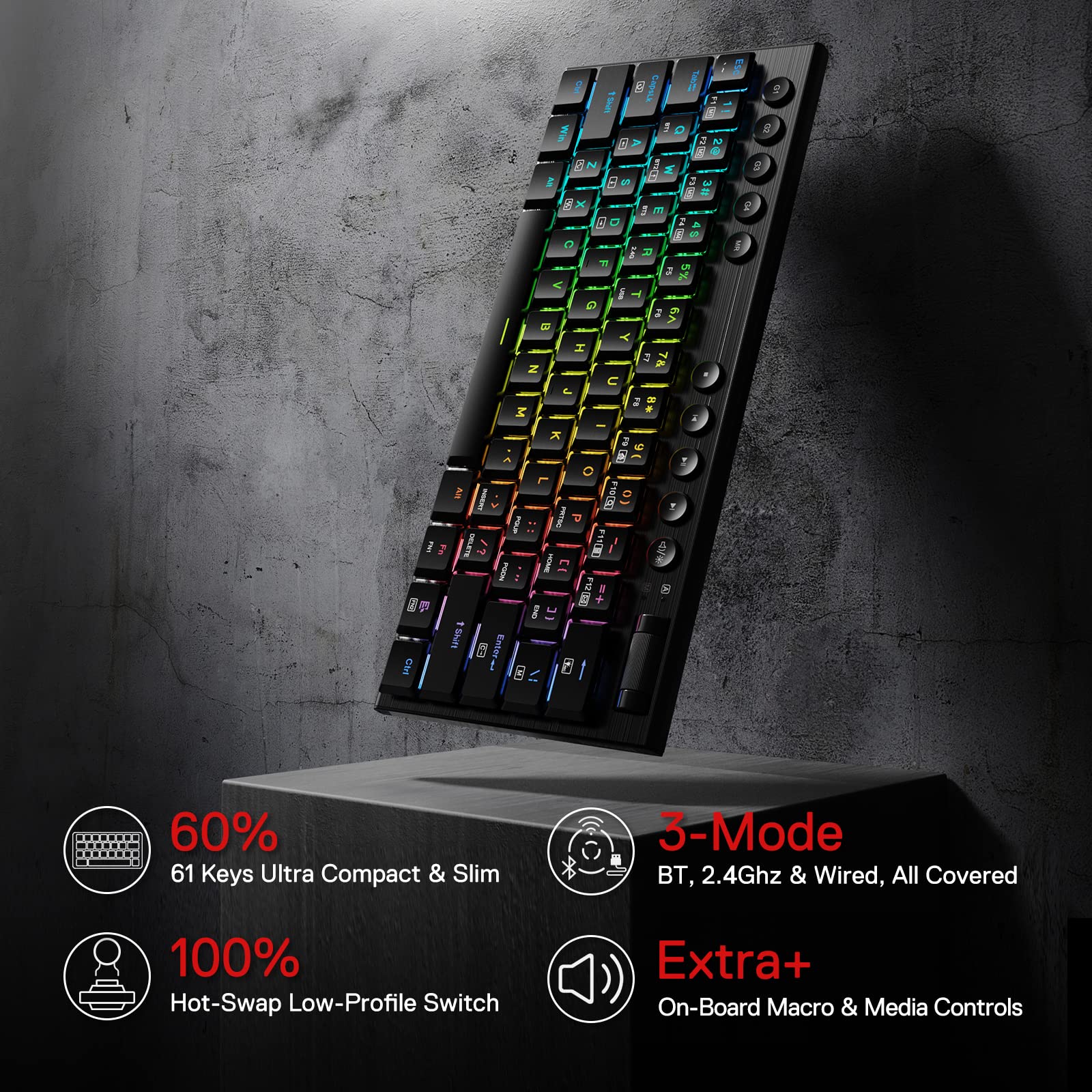 Redragon K632 PRO 60% Wireless RGB Mechanical Keyboard, BT/2.4Ghz/Wired Tri-Mode Ultra-Thin Low Profile Gaming Keyboard w/No-Lag Connection, Dedicated Media Control & Linear Red Switch