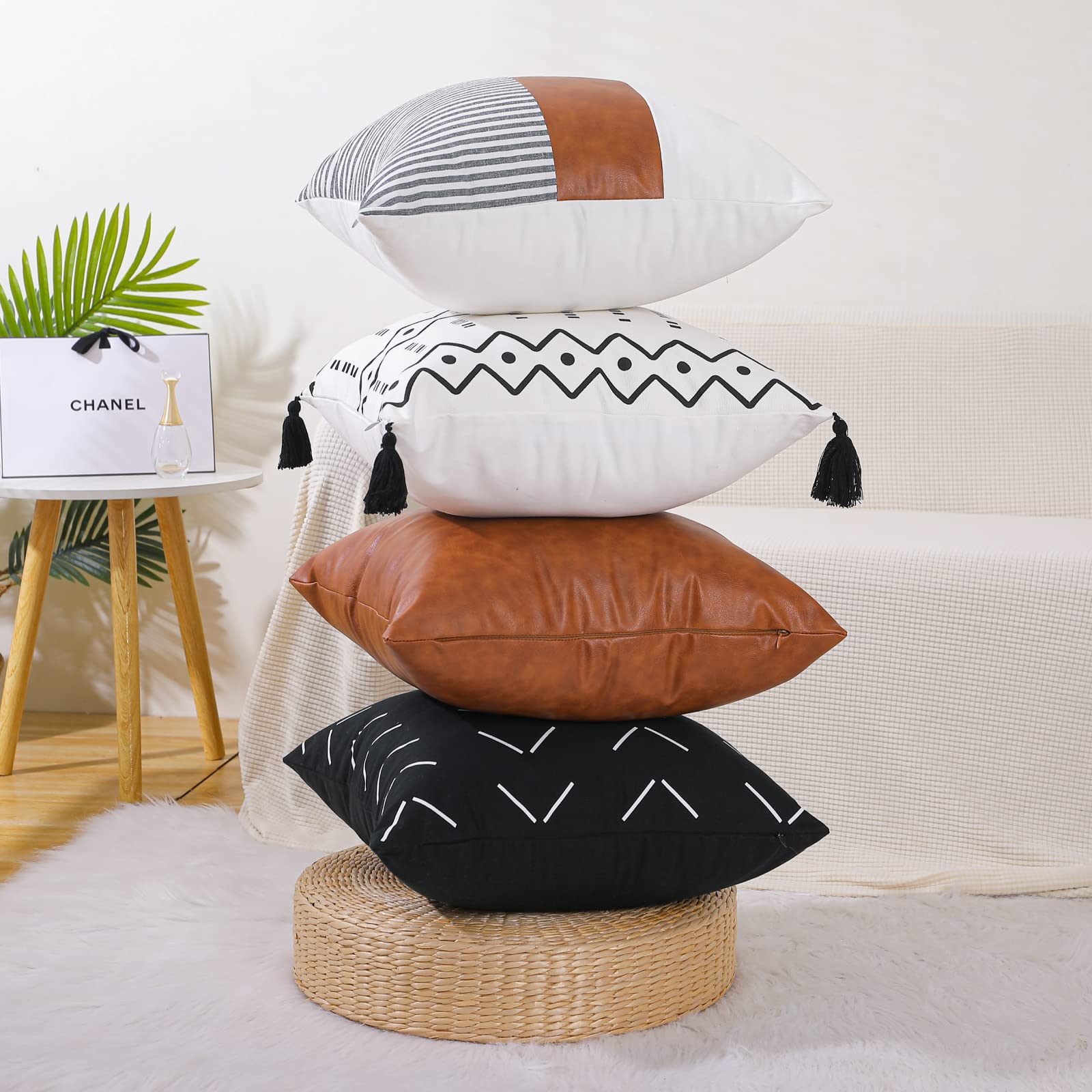 Learife Boho Pillow Covers 18 * 18 Inch Set of 4 Modern Neutral Striped Geometric Faux Leather Farmhouse Pillow Covers for Sofa, Bed, Home Decor (Multi 4pc)