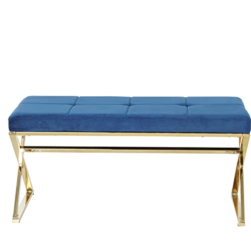 Velvet Upholstered Bench，Stainless steelMetal Frame (Blue)