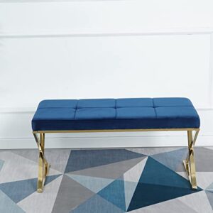 Velvet Upholstered Bench，Stainless steelMetal Frame (Blue)