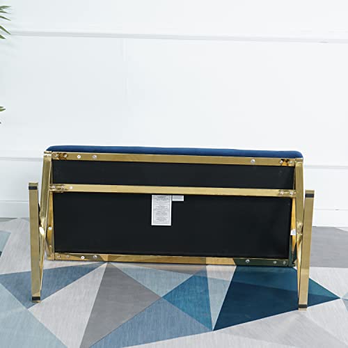 Velvet Upholstered Bench，Stainless steelMetal Frame (Blue)