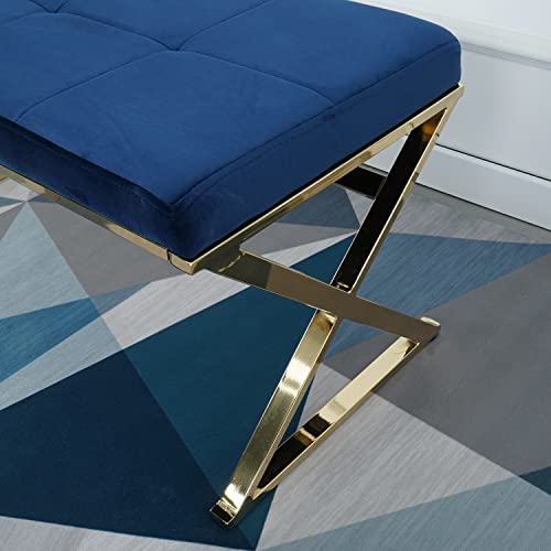 Velvet Upholstered Bench，Stainless steelMetal Frame (Blue)