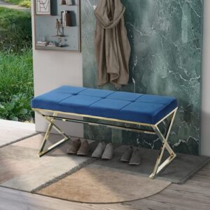 Velvet Upholstered Bench，Stainless steelMetal Frame (Blue)