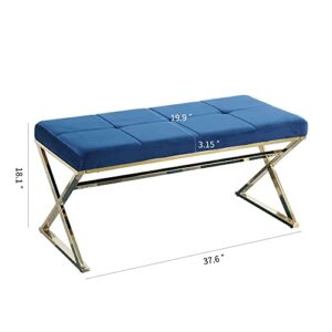 Velvet Upholstered Bench，Stainless steelMetal Frame (Blue)