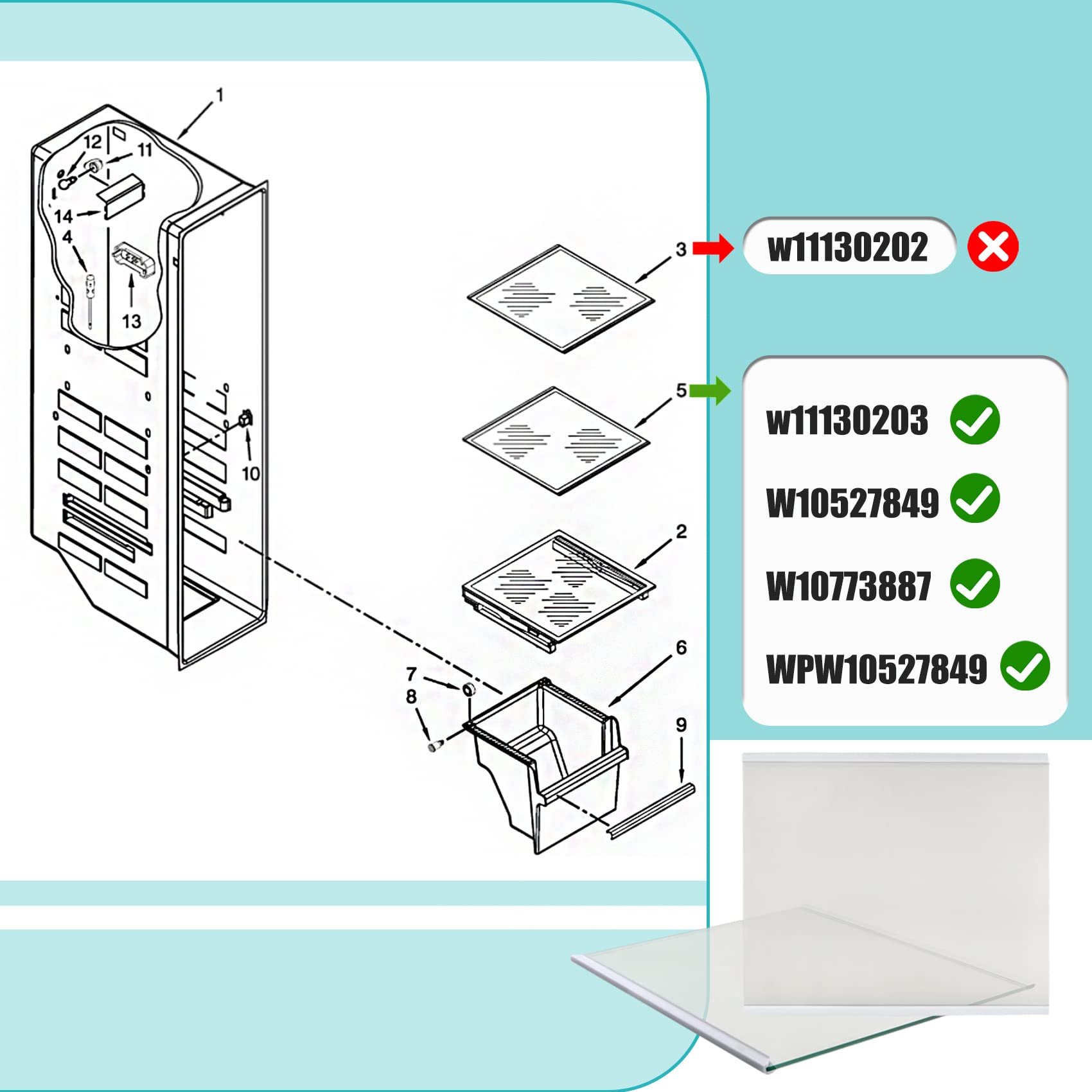 Upgraded W11130203 Freezer Shelf, Compatible with whirlpool Refrigerator WRS571CIHZ WRS571CIHZ04 WRS571CIHZ01 Freezer Glass Shelf, Replacement W10527849 W10773887 AP6262440 PS12347522 4545866