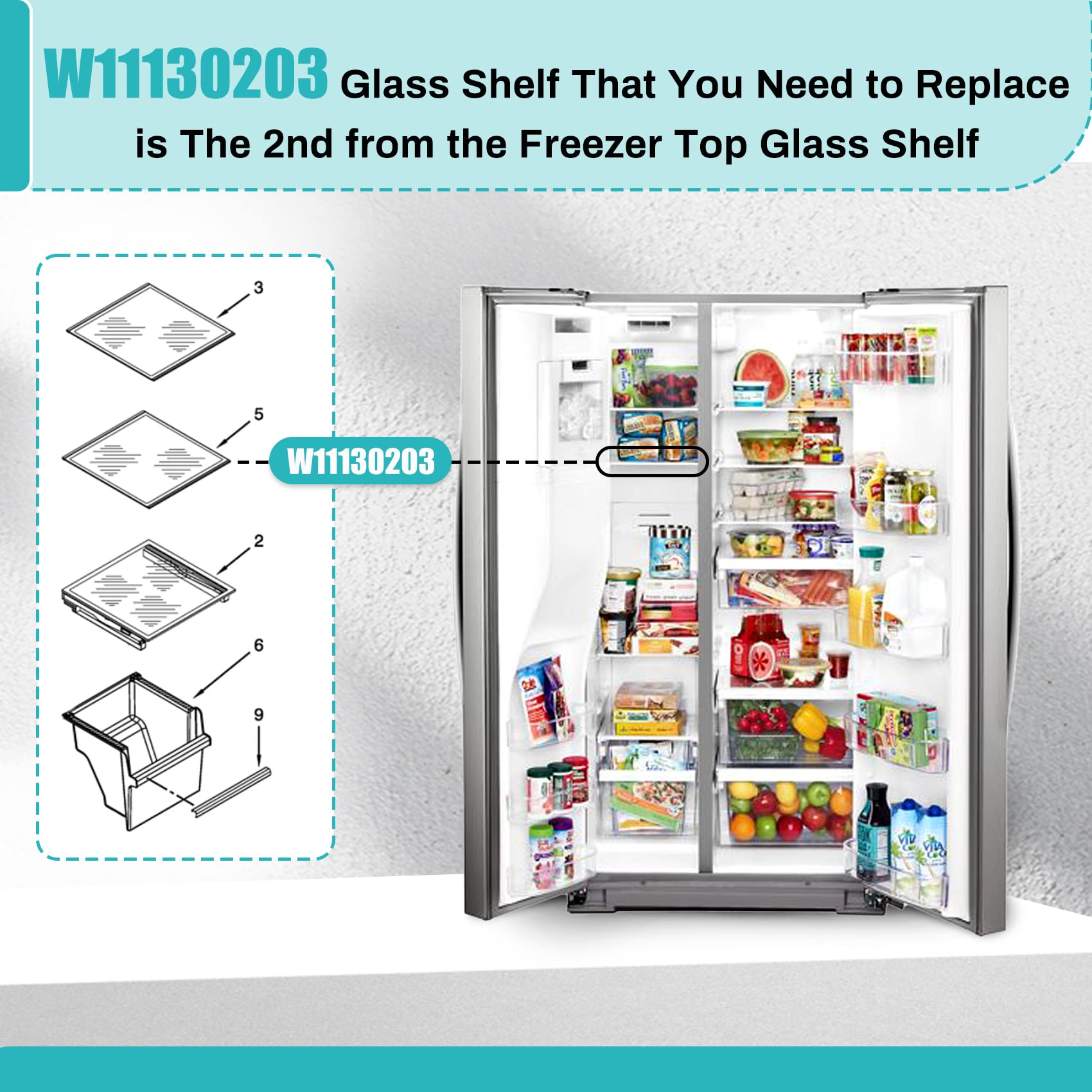 Upgraded W11130203 Freezer Shelf, Compatible with whirlpool Refrigerator WRS571CIHZ WRS571CIHZ04 WRS571CIHZ01 Freezer Glass Shelf, Replacement W10527849 W10773887 AP6262440 PS12347522 4545866