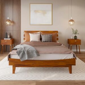 Bme Caden 15 Inch Deluxe Bed Frame with Adjustable Headboard - Mid Century, Retro Style with Acacia Wood - No Box Spring Needed - 12 Strong Wood Slat Support - Easy Assembly - Caramel, Queen