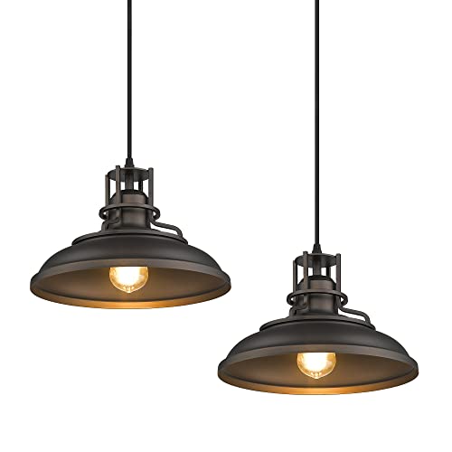 FEMILA Industrial Pendant Lights Fixture,2 Lights Farmhouse Hanging Lights for Kitchen Island,12 inch Oil Rubbed Bronze Finish,4FY15-MP-2PK ORB