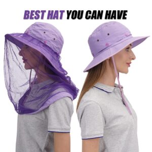 USHAKE Head Net Hat, Safari Hat Sun Hat Bucket Hat with Hidden Net Mesh Light Purple