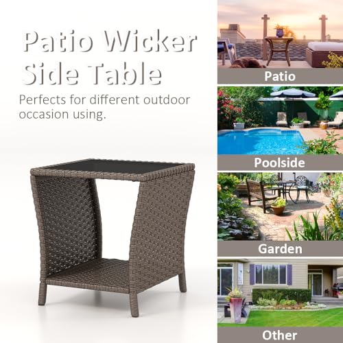 FIZZEEY Outdoor Side Table - Outdoor Wicker End Side Tables for Patio with Storage Shelf, Brown