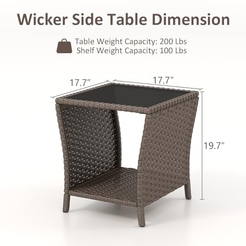 FIZZEEY Outdoor Side Table - Outdoor Wicker End Side Tables for Patio with Storage Shelf, Brown