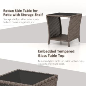 FIZZEEY Outdoor Side Table - Outdoor Wicker End Side Tables for Patio with Storage Shelf, Brown