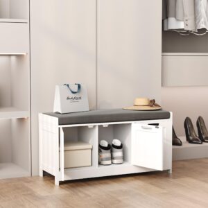 HOMEFORT Shoe Storage Bench, Wooden Shoe Bench with 3-Door Cabinets, Entry Way Home Organizer Bench, Entryway Bench with Padded Cushion Seat, White Storage Bench for Bedroom