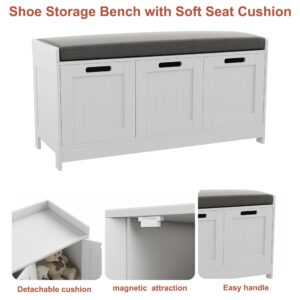 HOMEFORT Shoe Storage Bench, Wooden Shoe Bench with 3-Door Cabinets, Entry Way Home Organizer Bench, Entryway Bench with Padded Cushion Seat, White Storage Bench for Bedroom