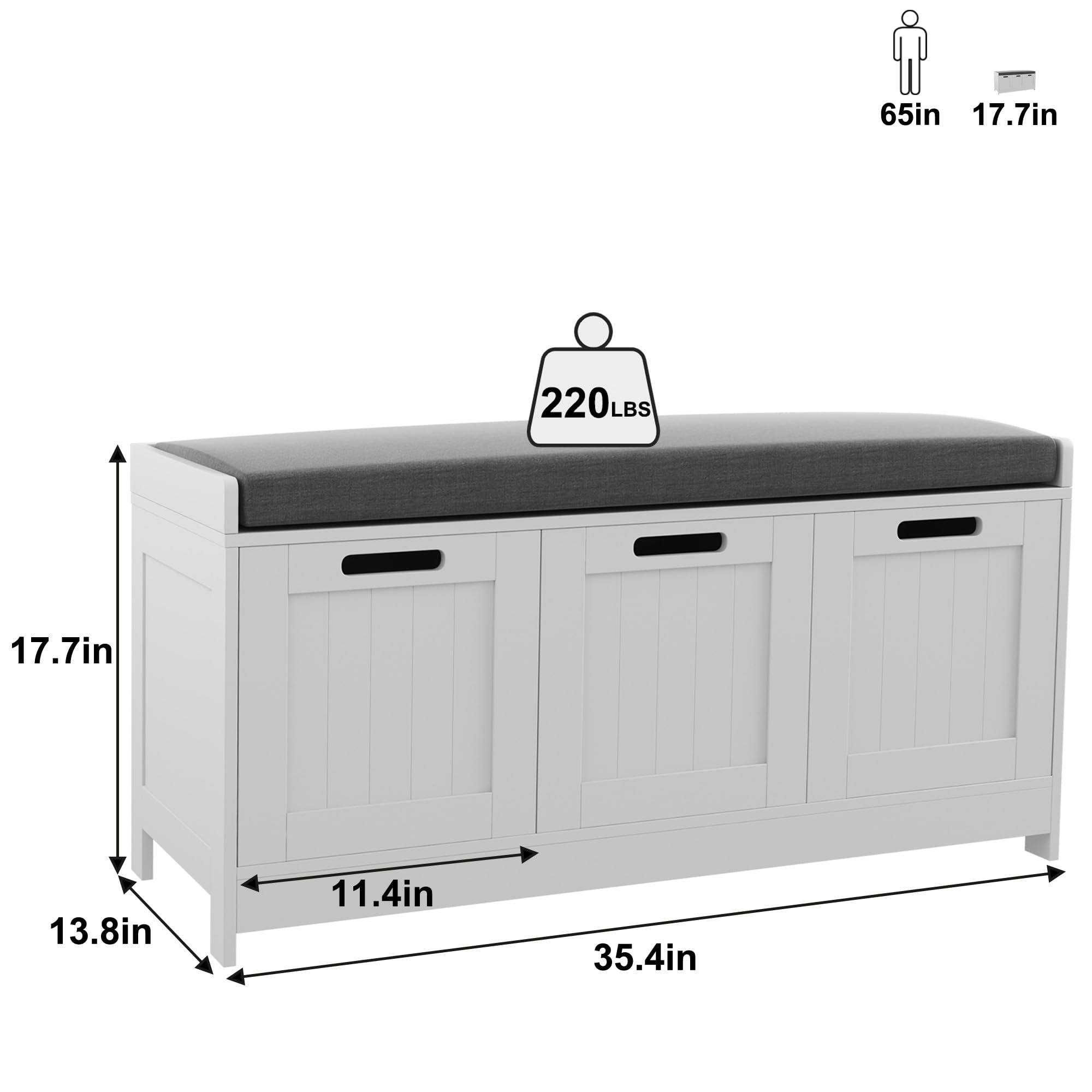 HOMEFORT Shoe Storage Bench, Wooden Shoe Bench with 3-Door Cabinets, Entry Way Home Organizer Bench, Entryway Bench with Padded Cushion Seat, White Storage Bench for Bedroom