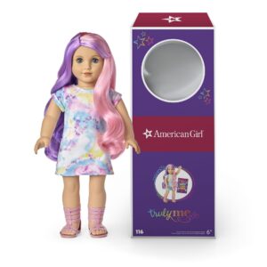 american girl truly me 18-inch doll #116 with blue eyes, purple-and-pink hair, light skin, tie dye t-shirt dress, for ages 6+