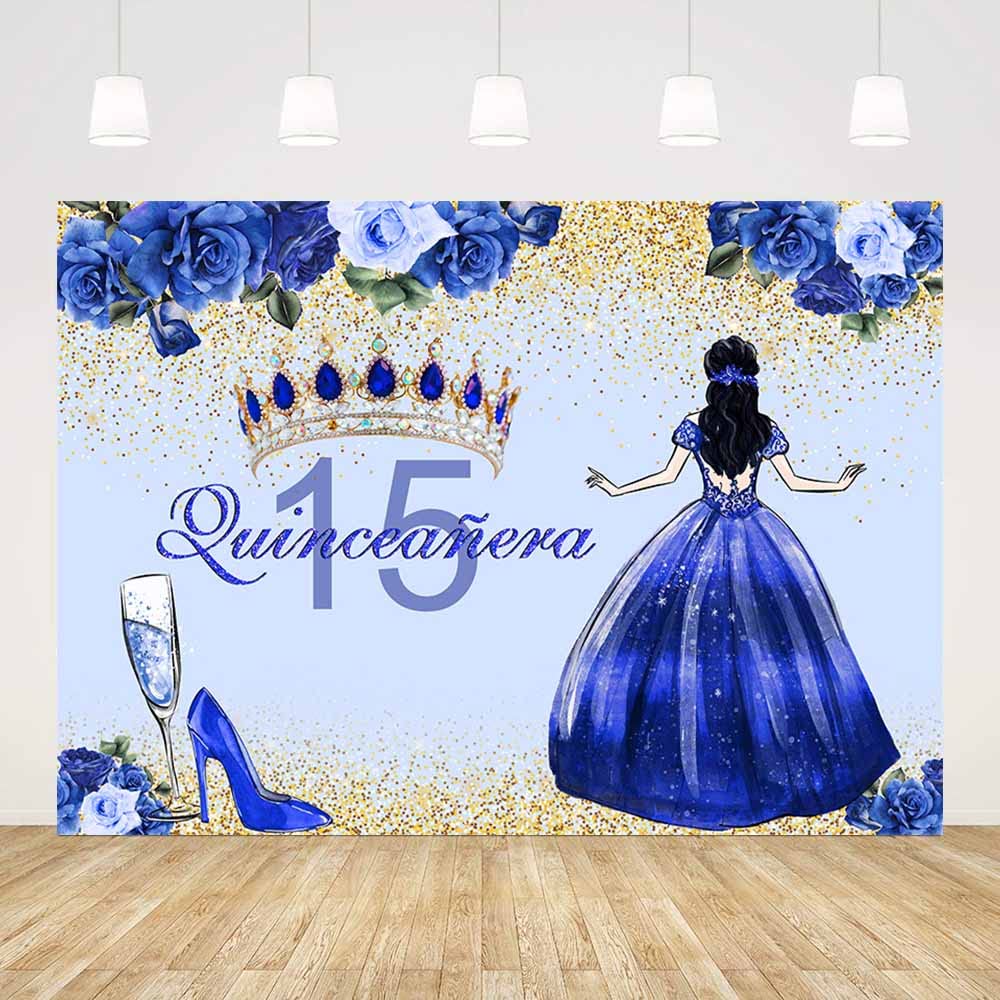 Sendy 10x7ft Quinceanera Backdrop for Girl Happy 15th Birthday Background Blue Flowers High Heels Crown Princess Birthday Party Decorations Photography Props Banner