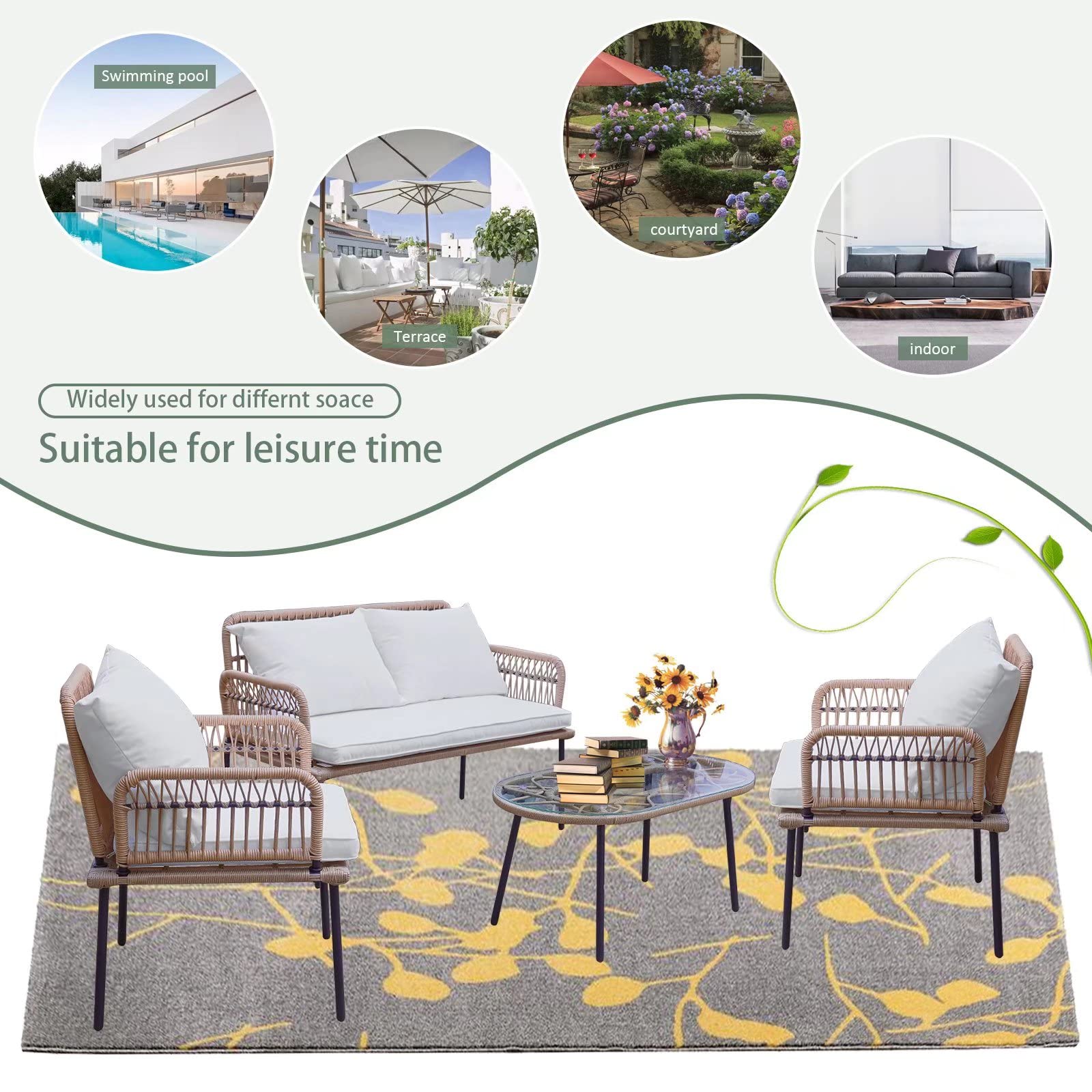 Homsido 4 Pieces Patio Furniture Set, Loveseat Beige Rope Woven Boho Porch Backyard Garden Balcony Outdoor Furniture Rattan Indoor Chairs and Table Wicker Conversation Set with White Cushions