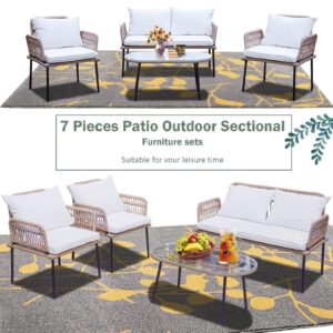 Homsido 4 Pieces Patio Furniture Set, Loveseat Beige Rope Woven Boho Porch Backyard Garden Balcony Outdoor Furniture Rattan Indoor Chairs and Table Wicker Conversation Set with White Cushions