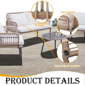 Homsido 4 Pieces Patio Furniture Set, Loveseat Beige Rope Woven Boho Porch Backyard Garden Balcony Outdoor Furniture Rattan Indoor Chairs and Table Wicker Conversation Set with White Cushions