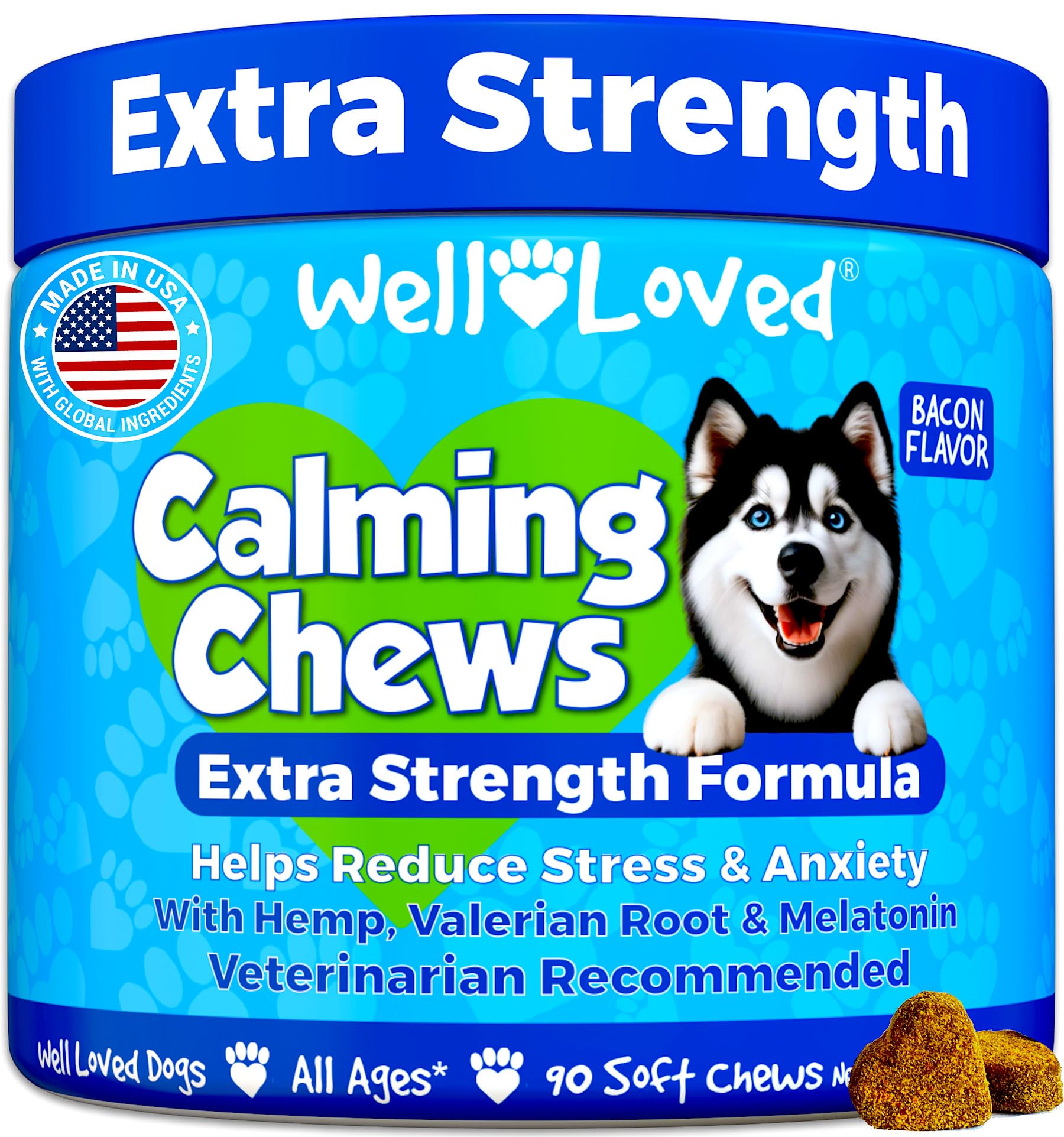 Well Loved Calming Chews for Dogs - Dog Anxiety Relief, Made in USA, Vet Recommended, Dog Calming Chews - Anxiety Relief Treats, Melatonin for Dogs, Hemp Dog Treats for Calming, Extra Strength