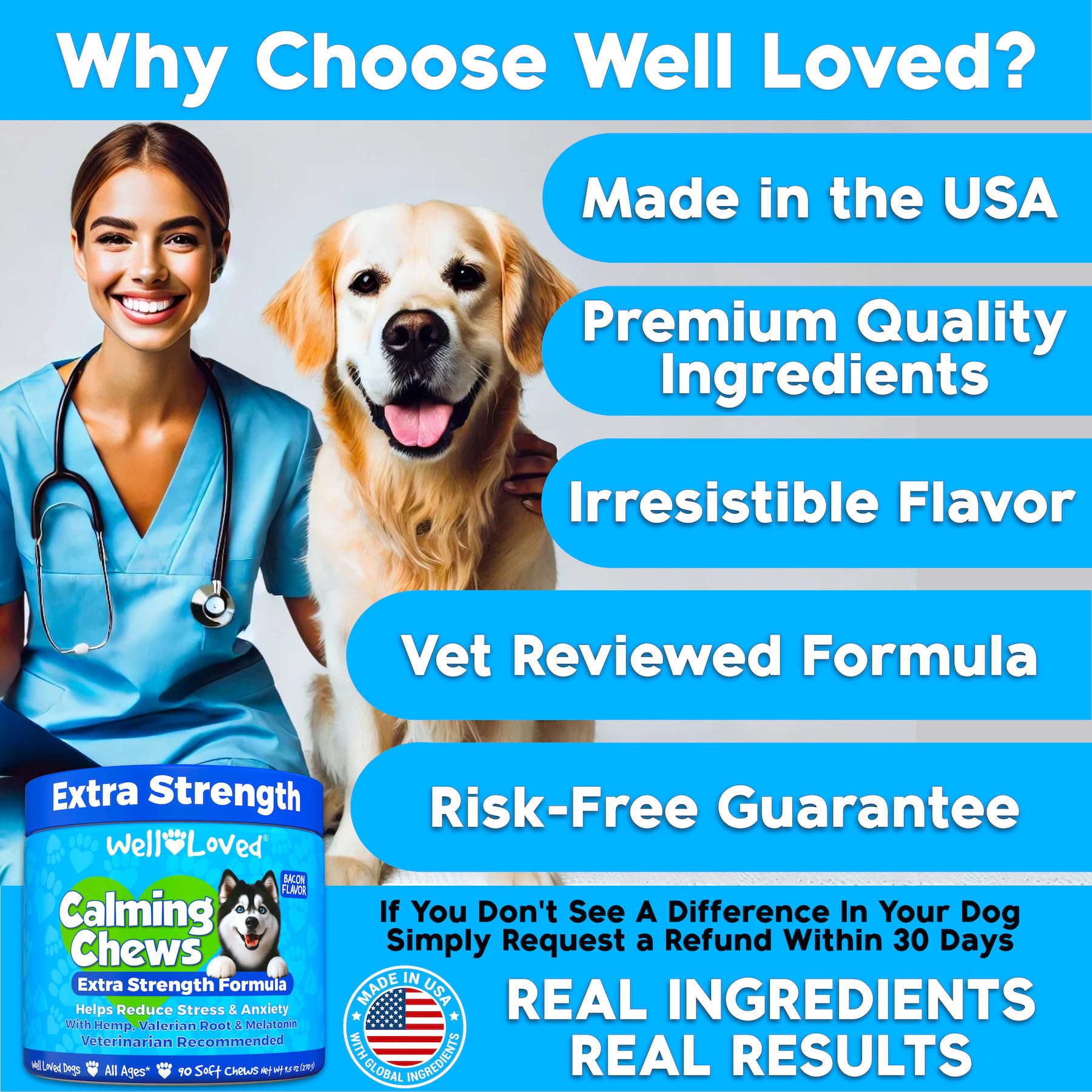 Well Loved Calming Chews for Dogs - Dog Anxiety Relief, Made in USA, Vet Recommended, Dog Calming Chews - Anxiety Relief Treats, Melatonin for Dogs, Hemp Dog Treats for Calming, Extra Strength