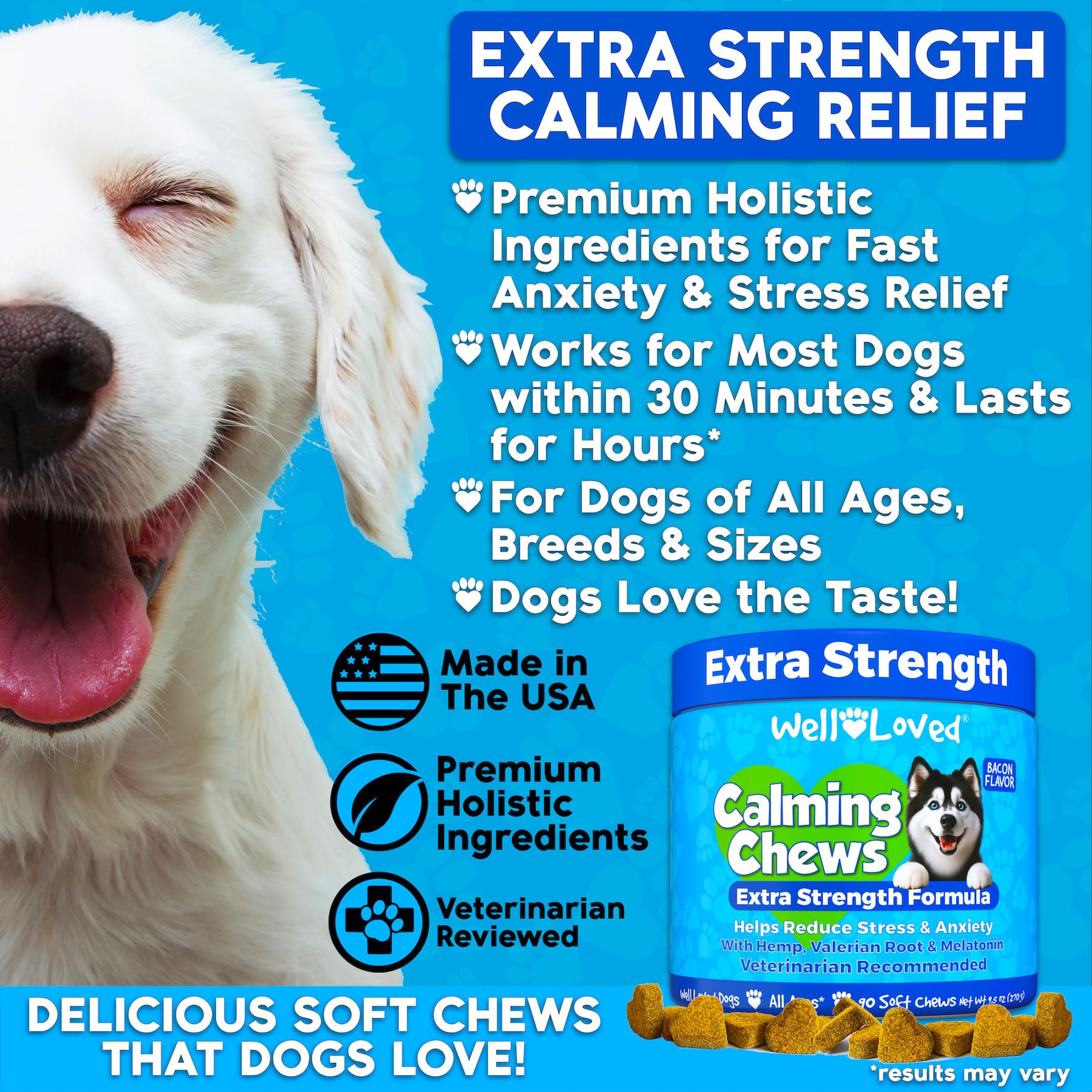 Well Loved Calming Chews for Dogs - Dog Anxiety Relief, Made in USA, Vet Recommended, Dog Calming Chews - Anxiety Relief Treats, Melatonin for Dogs, Hemp Dog Treats for Calming, Extra Strength