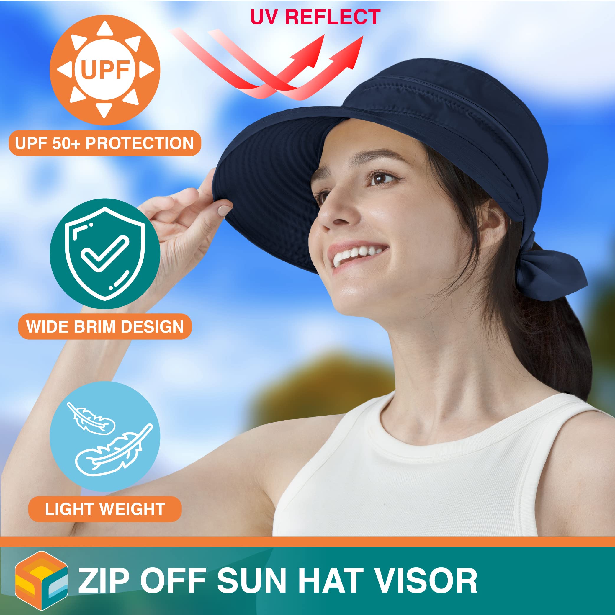 SUN CUBE Women Sun Hat for Outdoor UV Protection, Wide Brim Sun Hat Ponytail, Convertible Zip-Off Beach Hat Visor for Golf Gardening Pool Travel, Foldable Summer UPF50+ Visor Hat, Navy