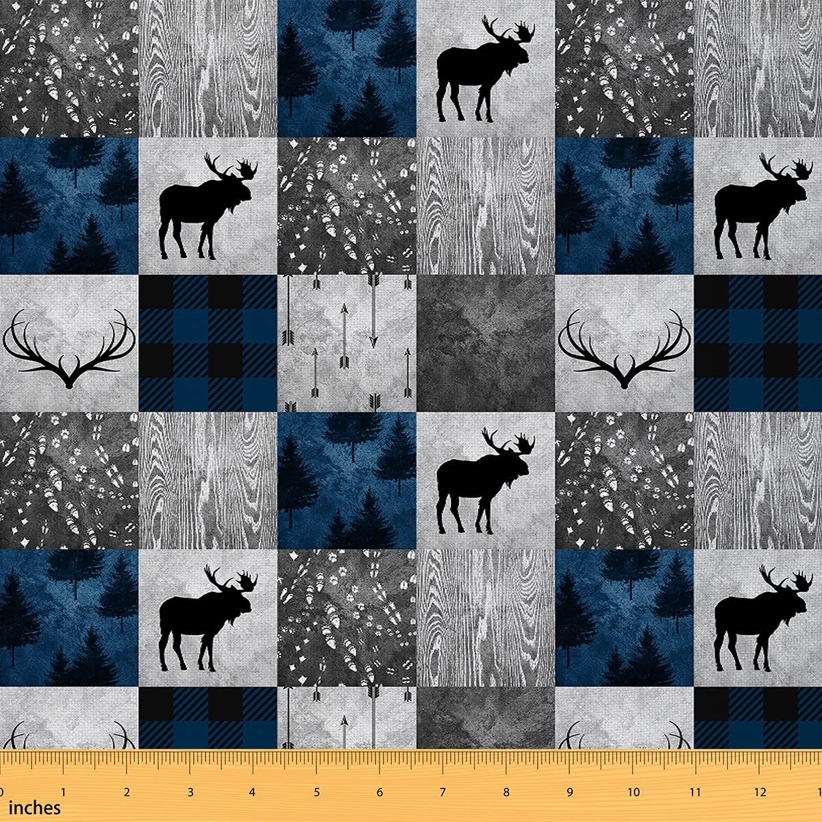 Deer Fabric by The Yard,Buffalo Plaid Check Upholstery Fabric Cabin Lodge Decorative Fabric for Quilting Sewing, Wild Animal Elk Antler Christmas Deer Patchwork Fabric Blue Grey 2 Yards