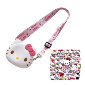 kitty cat purse with adjustable lanyard and stickers, zipper kitty cat wallet kuluomi crossbody bag shoulder bag coin pouch sanlio accessories for women