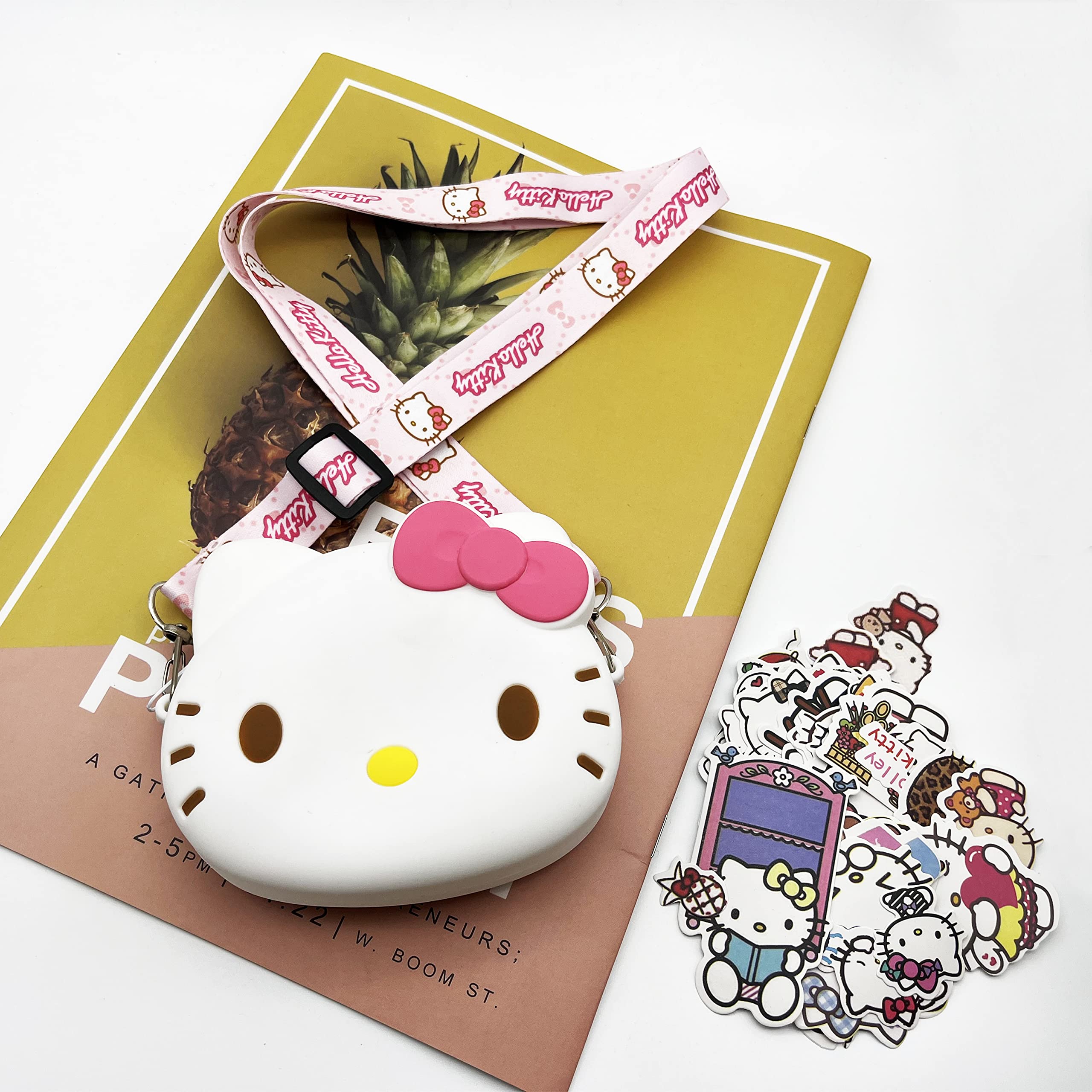 Kitty Cat Purse with Adjustable Lanyard And Stickers, Zipper Kitty Cat Wallet Kuluomi Crossbody Bag Shoulder Bag Coin Pouch Sanlio Accessories for Women