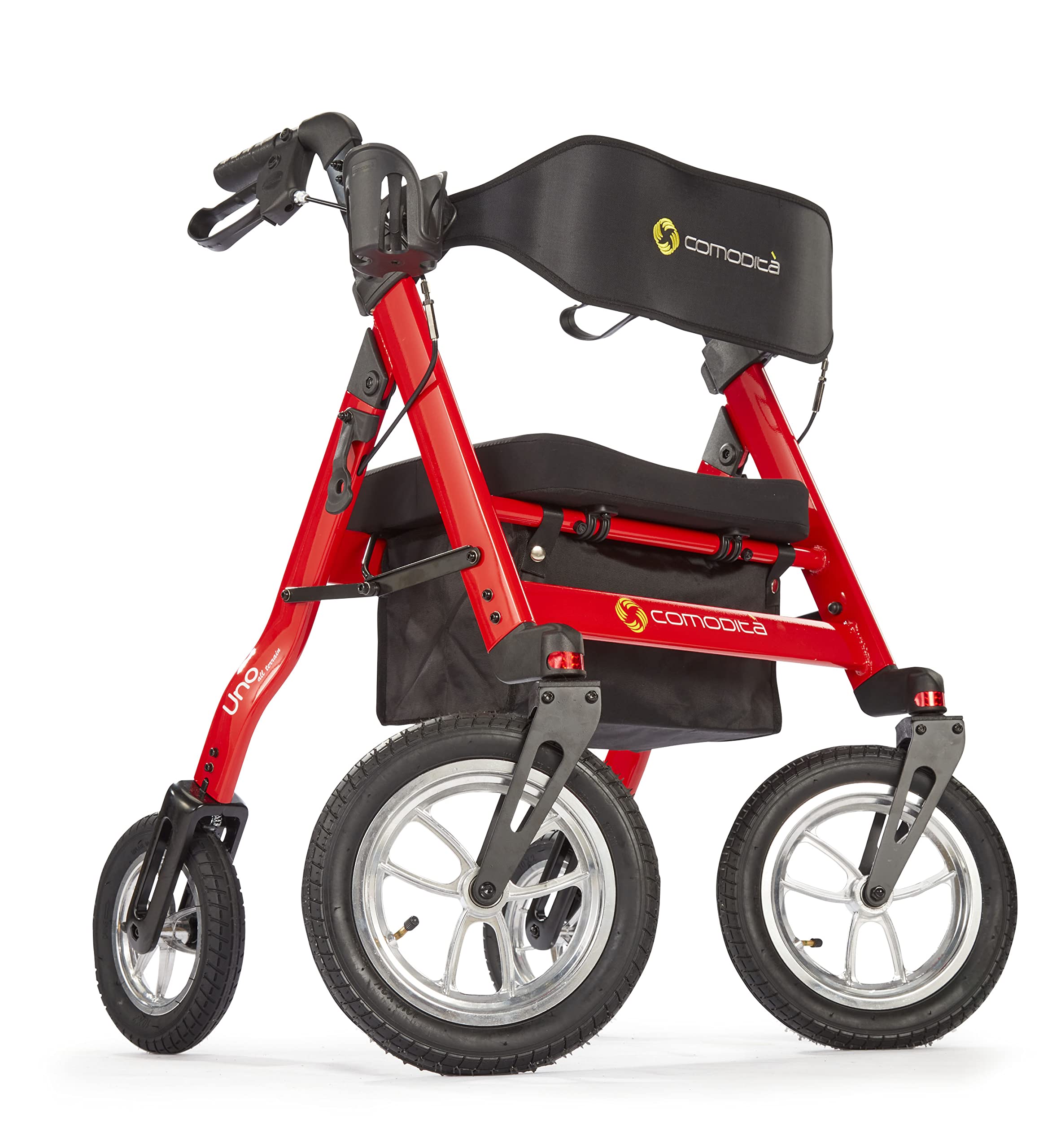 Comodità Uno All Terrain Rolling Walker with Pneumatic Tires, Wheeled Rollator with Orthopedic Extra Wide Seat and Brakes for Adults and Seniors, Easy Folding, 4 Wheel, Modena Red