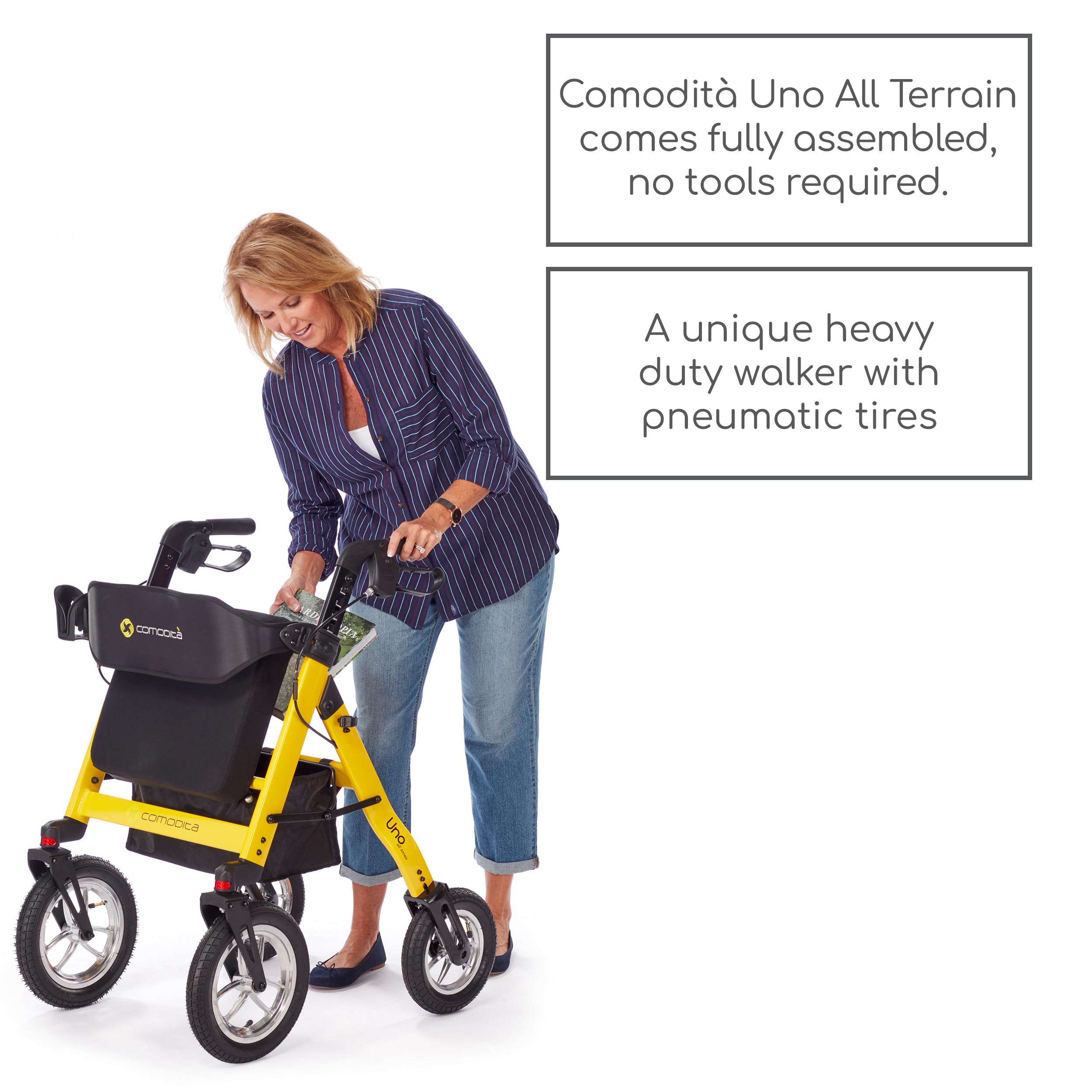 Comodità Uno All Terrain Rolling Walker with Pneumatic Tires, Wheeled Rollator with Orthopedic Extra Wide Seat and Brakes for Adults and Seniors, Easy Folding, 4 Wheel, Modena Red