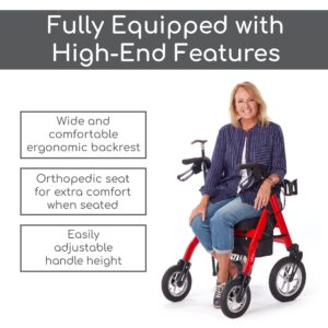 Comodità Uno All Terrain Rolling Walker with Pneumatic Tires, Wheeled Rollator with Orthopedic Extra Wide Seat and Brakes for Adults and Seniors, Easy Folding, 4 Wheel, Modena Red