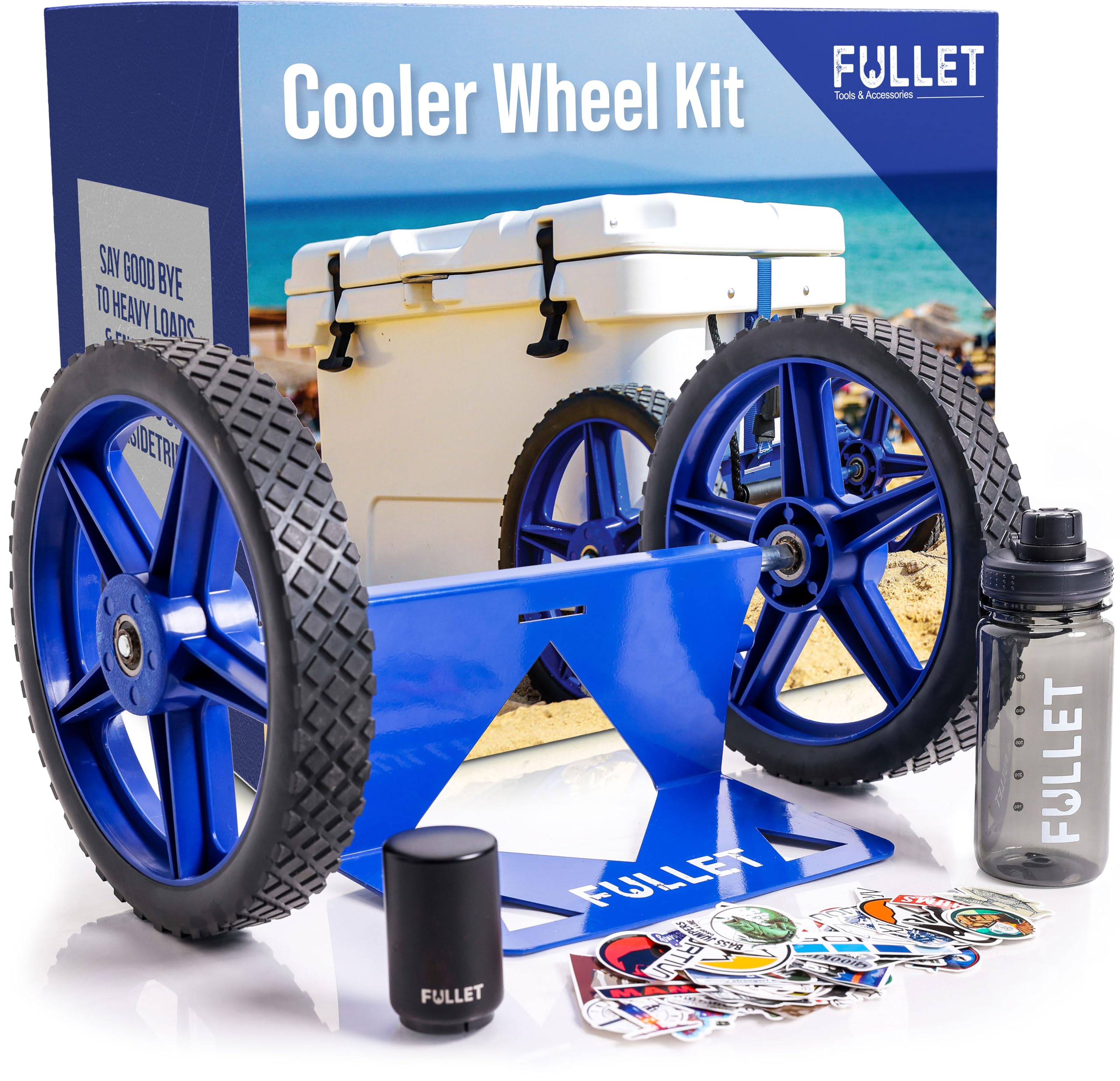 FULLET Cooler Wheel Kit for Yeti & RTIC Cooler Carts - 12 Inch Wheels & Ratchet Straps for Coleman Ice Chest – Universal Heavy Duty RTIC/Igloo Wheel Kit with Cooler Accessories for Camping & Beach