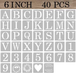 asmpio 6 inch letter stencils numbers craft stencils, 40 pcs reusable plastic alphabet drawing templates for painting on wood, wall, fabric, rock, signage, door porch