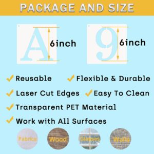 ASMPIO 6 Inch Letter Stencils Numbers Craft Stencils, 40 Pcs Reusable Plastic Alphabet Drawing Templates for Painting on Wood, Wall, Fabric, Rock, Signage, Door Porch