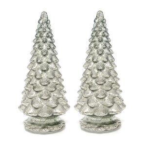 Yomikoo Glass Christmas Tree, 2PCS Lighted Mercury Glass Tabletop Christmas Tree Decoration for Party Ceremony 14.1"X 6.2" (Silver)