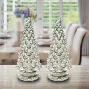 Yomikoo Glass Christmas Tree, 2PCS Lighted Mercury Glass Tabletop Christmas Tree Decoration for Party Ceremony 14.1"X 6.2" (Silver)