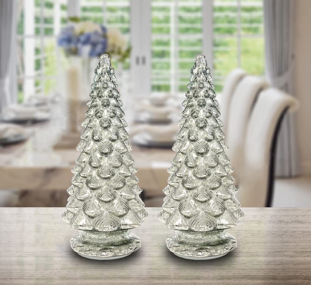 Yomikoo Glass Christmas Tree, 2PCS Lighted Mercury Glass Tabletop Christmas Tree Decoration for Party Ceremony 14.1"X 6.2" (Silver)