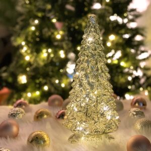 Yomikoo Glass Christmas Tree, 2PCS Lighted Mercury Glass Tabletop Christmas Tree Decoration for Party Ceremony 14.1"X 6.2" (Silver)