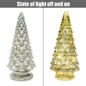 Yomikoo Glass Christmas Tree, 2PCS Lighted Mercury Glass Tabletop Christmas Tree Decoration for Party Ceremony 14.1"X 6.2" (Silver)